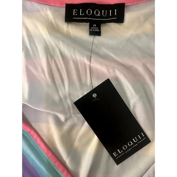 ELOQII Maxi Dress Womens 18 Easter Colorful Striped Tiered Ballon Long Sleeves - Picture 14 of 16